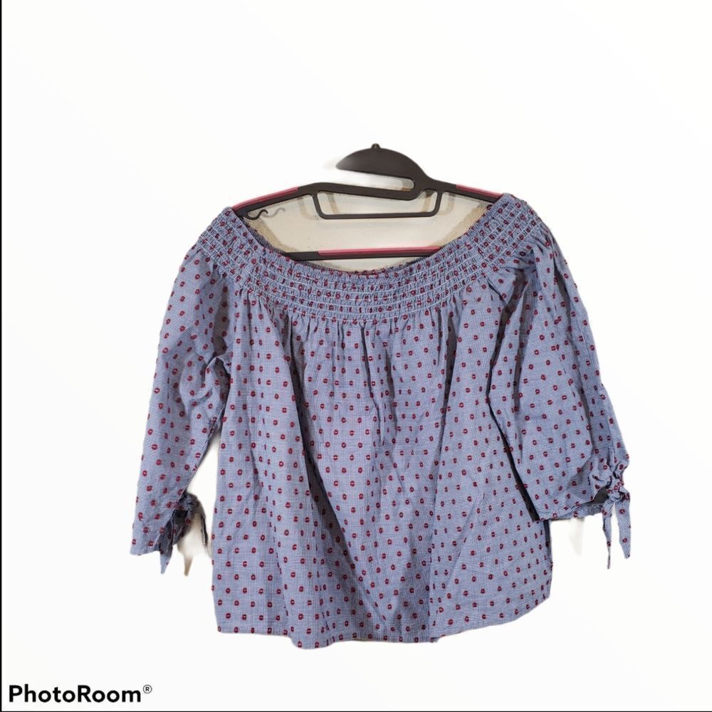 Aqua Off the Shoulder Peasant Gingham Swiss Dot Cotton Summer Picnic Crop Blouse